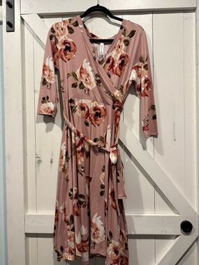 Women's Dusty Rose Floral Wrap Midi Dress with Tie Waist